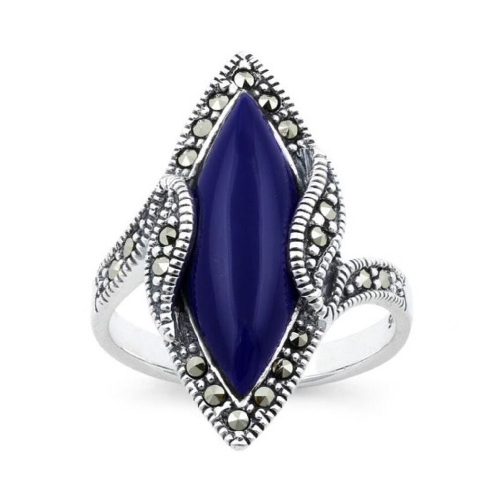 Sterling Silver Blue Lapis Marquise Marcasite Ring Size 9